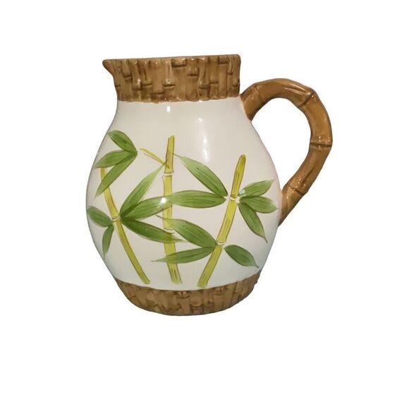 Vintage Ceramic Tropical Bamboo Palm Painted 10 Cup Water Table Pitcher Jug - Picture 1 of 6